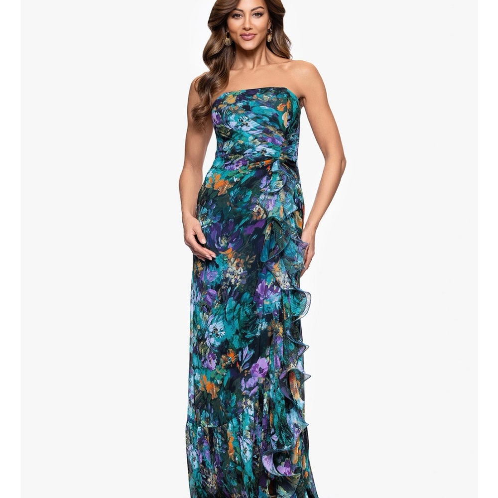 Xscape Strapless Floral Dress in Blue and Green Maxi Gown